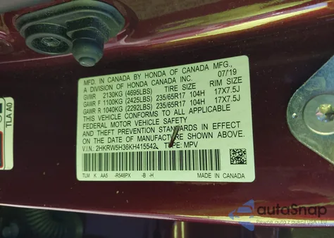 2019 Honda Cr-V Lx z USA, uszkodzony, nr VIN 2HKRW5H36KH415542